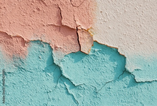 Close-up of cracked and peeling pastel-colored paint on textured wall