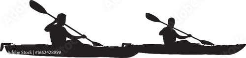 Two Kayakers Paddling Silhouette Vector Illustration