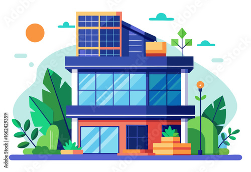 A modern eco-friendly building with solar panels, lush greenery, and large windows. The sun shines on this sustainable architecture, representing green energy and a bright future.