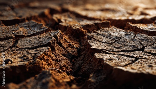 Close-up of cracked dry earth with deep fissures and textured in arid environment