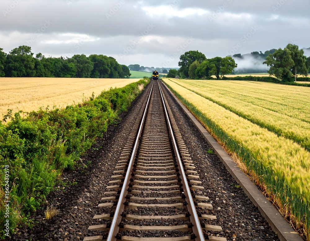 Train tracks through golden fields on a cloudy day Train tracks through golden fields on a cloudy day