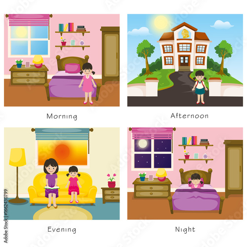 illustration of four time in a day. morning, afternoon, evening, and night background