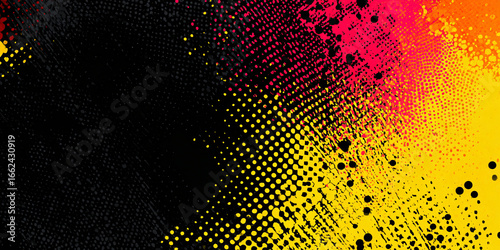 Abstract chaotic paint spots with halftone effect on dark background. pink and yellow gradient colors. paint splashes and prints. retro style. scratched banner.