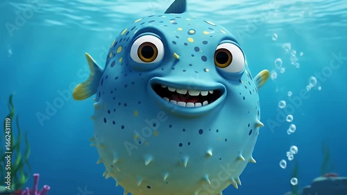 Animated Cartoon Puffer Fish Swimming Underwater.