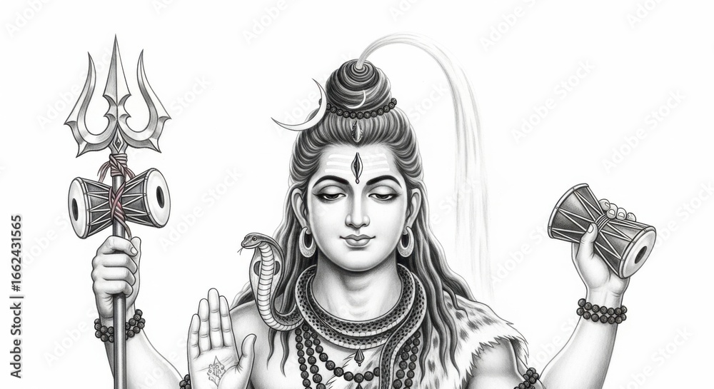 Obraz premium Monochromatic illustration of shiva with a trishul and damaru for hinduism faith