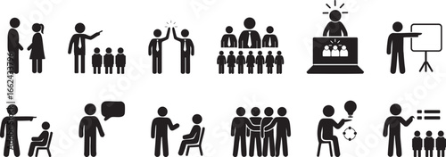 Instruction & Interaction Icon Set – Silhouettes of Teaching, Communication, and Team Engagement