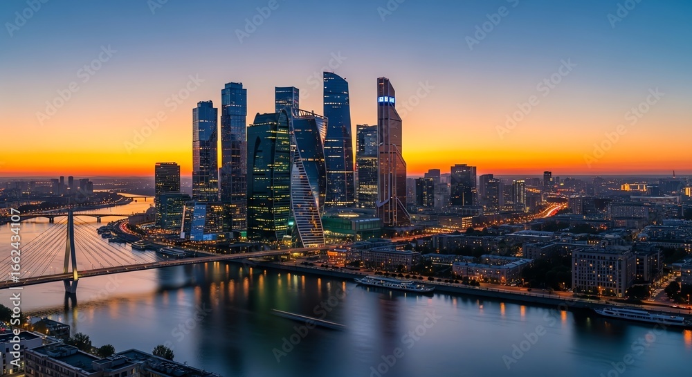 Fototapeta premium Modern City Skyline at Sunset for Digital Design