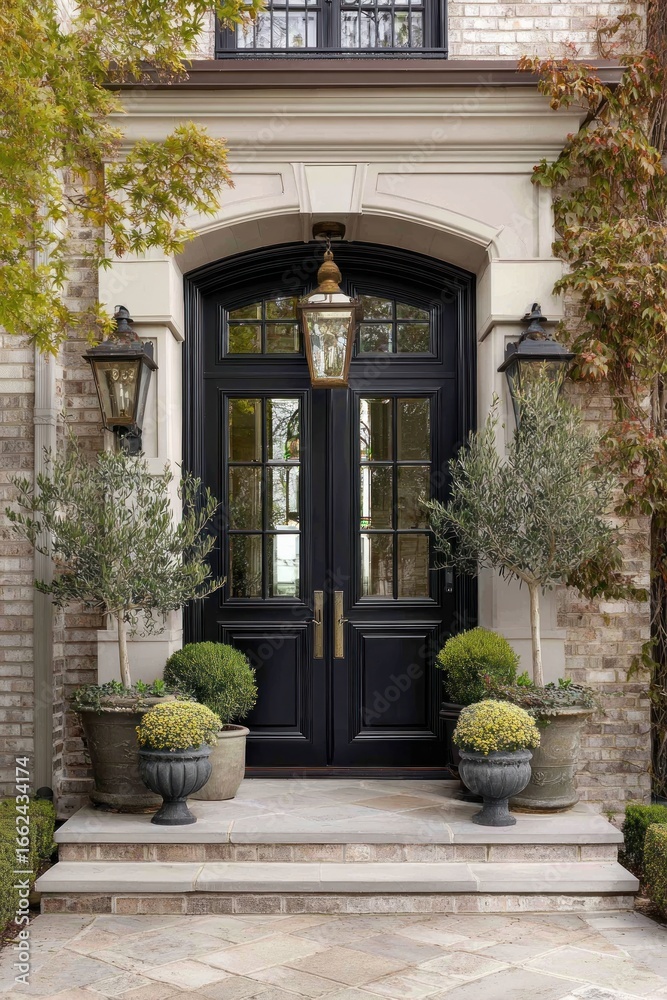 Fototapeta premium Elegant Home Entrance: Black Doors, Brick Facade, and Lush Greenery