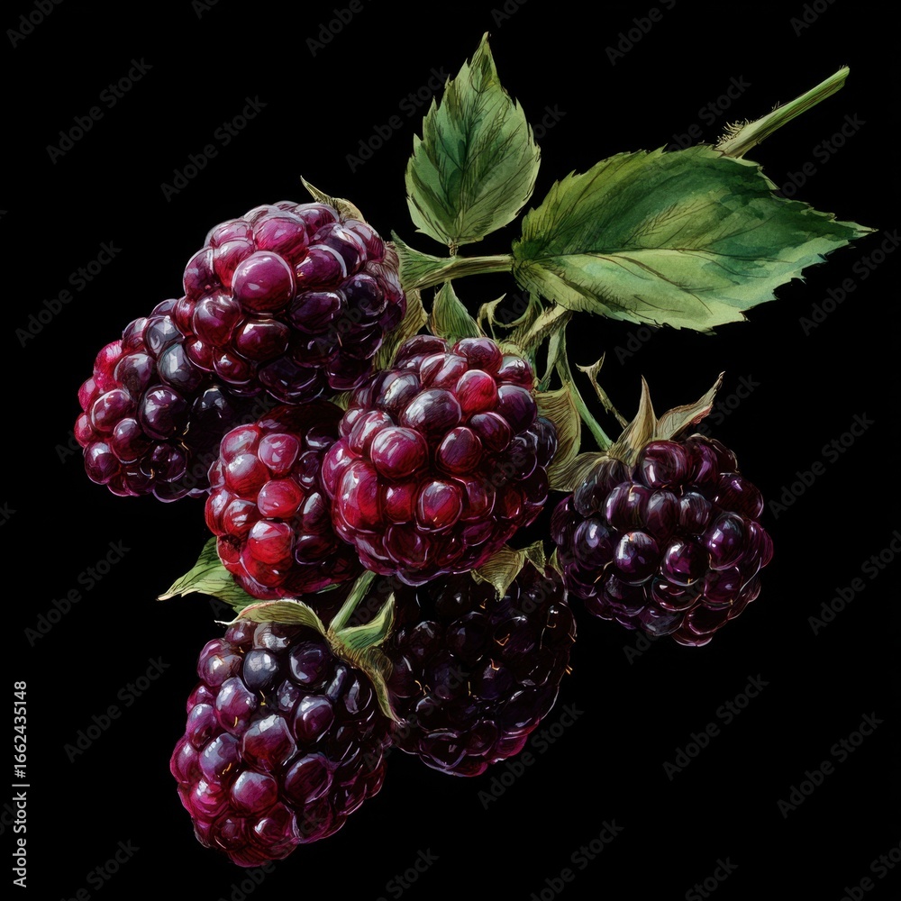 Fototapeta premium Close-up of Fresh Blackberries with Green Leaves on a Dark Background