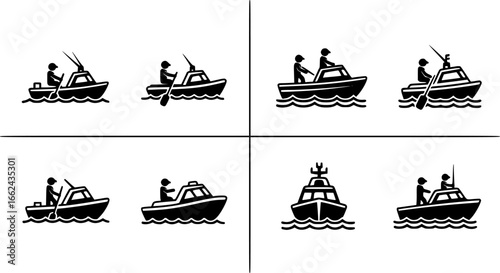 Collection of six boating icons depicting different types of boats and watercrafts with people riding 100 | editable eps vectors silhouette