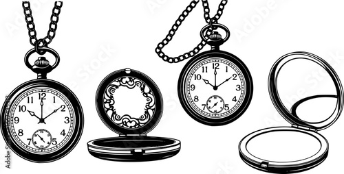 Three vintage pocket watches with chains showing twelve o clock and an open compact mirror design | editable eps vectors silhouette