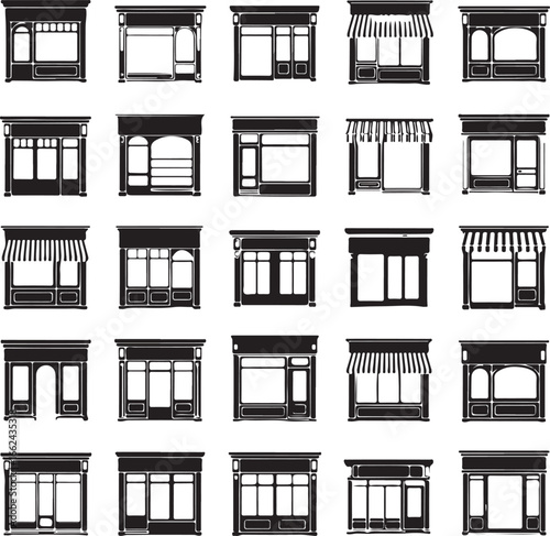 Various shop fronts with awnings and windows storefronts