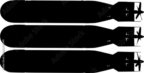 Silhouette depiction of three stacked torpedoes with visible propellers and cylindrical bodies design