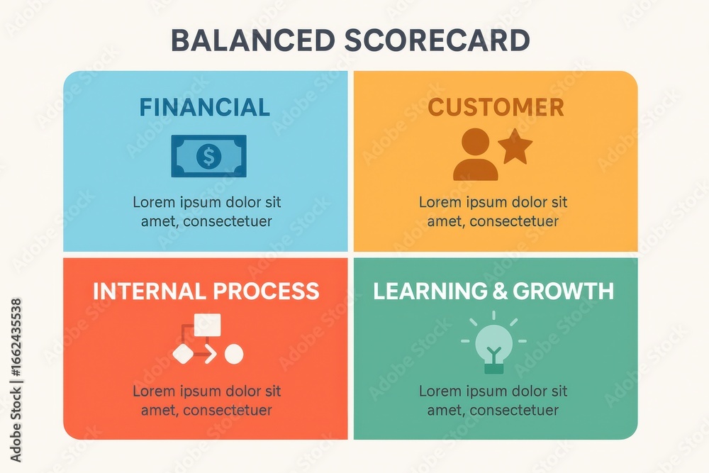 Obraz premium Balanced scorecard presentation showing financial, customer, process, and learning sections