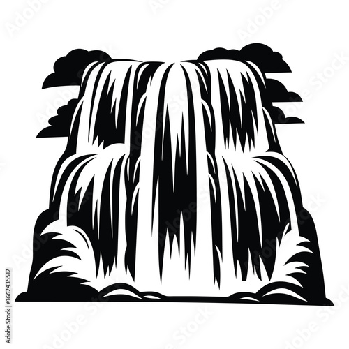 Stylized Black and White Illustration of a Waterfalls with Clouds Above