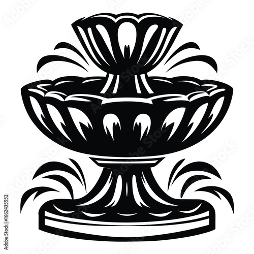 Ornate stylized black and white fountain design with multiple tiers and splashes
