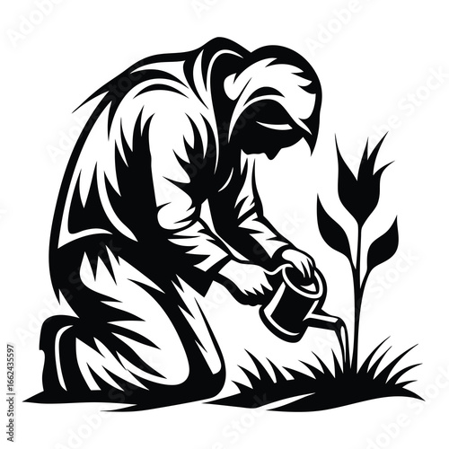 Silhouette of Gardener Watering Plant with Watering Can in Black and White