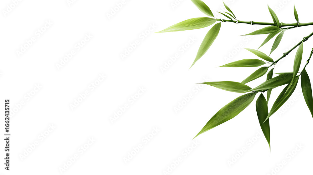 Obraz premium Bamboo stalks with green leaves are positioned in the upper right corner against a isolated background.