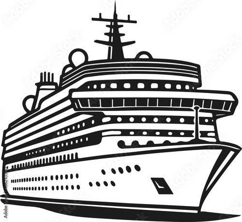 "Cruise Ship Vector – Luxury Passenger Vessel Line Art with Multiple Decks & Navigation Equipment for Travel, Tourism & Nautical Assets"