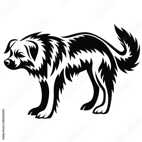 Stylized black and white illustration of a shaggy dog standing alertly
