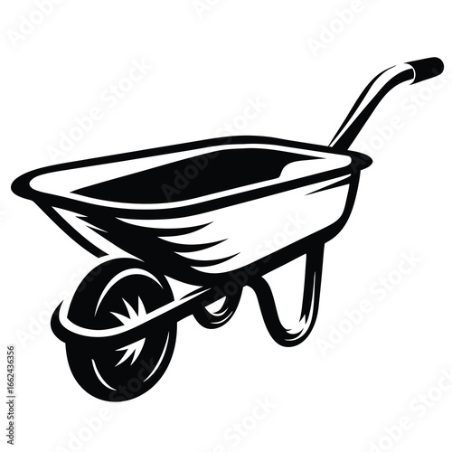 Stylized monochrome vector illustration of a wheelbarrow for gardening and construction