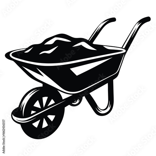 Monochrome vector illustration of a wheelbarrow loaded with soil or garden compost