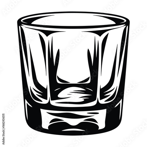 Monochrome illustration of a stylized rocks glass with strong outlines