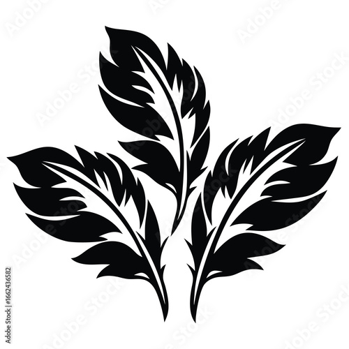 Three stylized feathered leaves in a bold black vector illustration