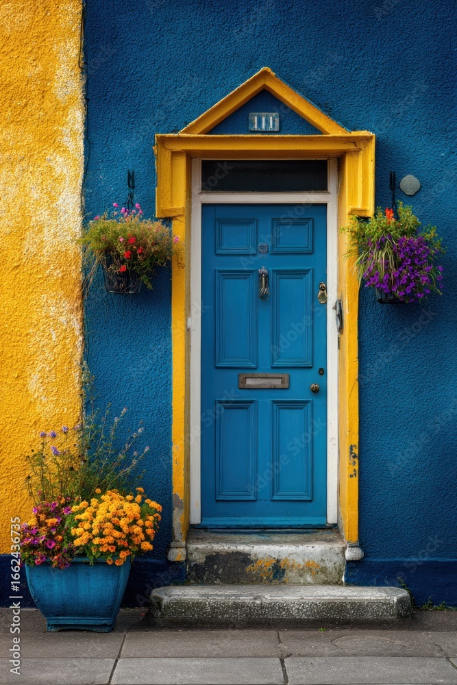 Fototapeta premium Vibrant Blue Doorway with Yellow Accents and Blooming Planters