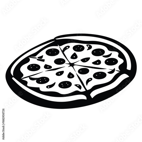 Stylized black and white pizza illustration with pepperoni and vegetable toppings