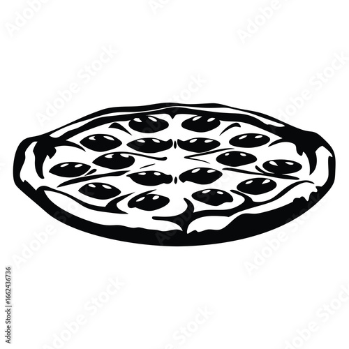 Monochrome Pepperoni Pizza Illustration with Slices and Toppings in Detailed Pattern