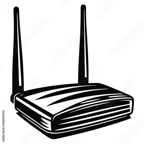 Monochrome router icon providing wireless connection for internet devices with antennas