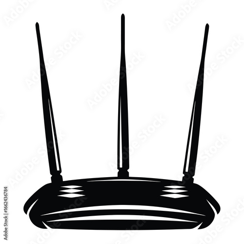 Black and white illustration of a wireless router with three antennas