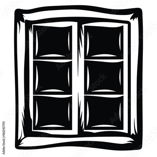 Stylized woodcut image of a black window with six panes