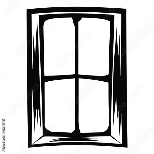 Stylized black and white window with four panes and jagged frame