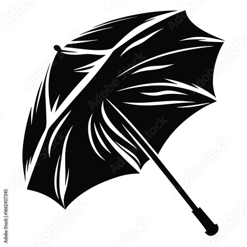 Black and white abstract umbrella illustration providing rain protection silhouette design