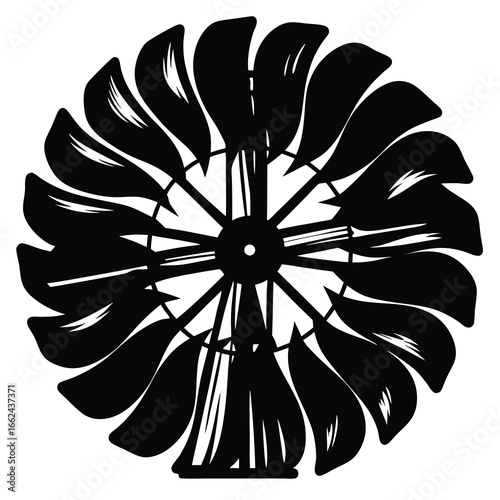 Monochrome illustration of a vintage wind turbine or fan with many blades