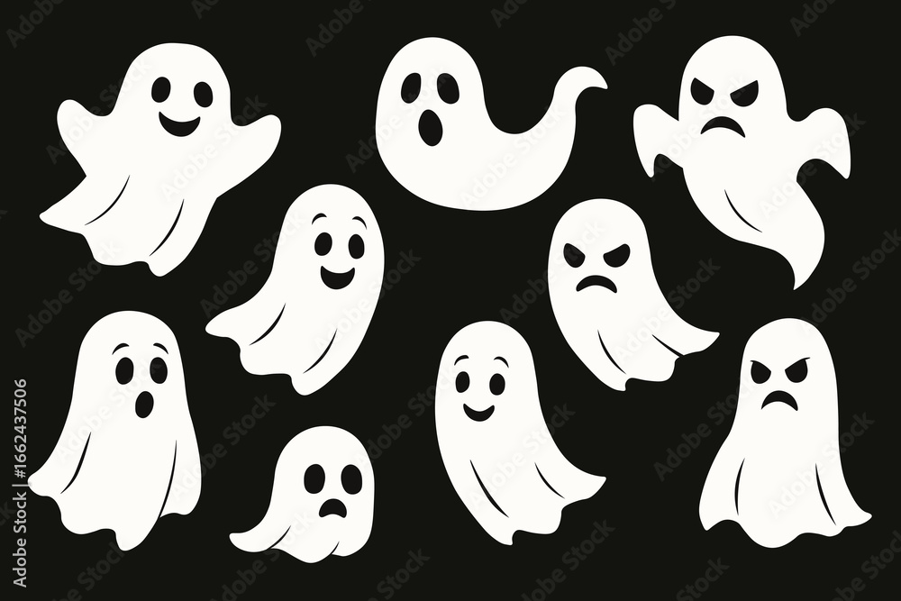 Obraz premium Cute and Scary Cartoon Ghosts Collection on Black Background – Halloween Character Set