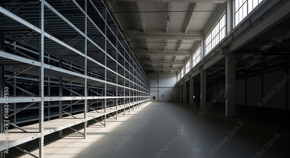 Fototapeta premium Vast interior of a warehouse with empty shelves, bathed in natural light industrial space prepared