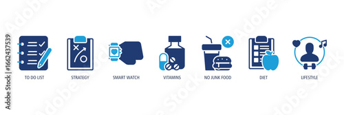 Daily Fitness Planning Glyph Dual tone Icons Web Banner – to do list, strategy, smartwatch, vitamins, no junk food, diet, lifestyle