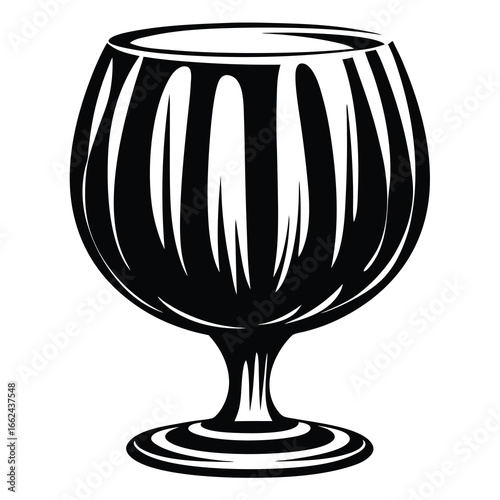 Monochrome illustration of an empty snifter glass, detailed in black and white