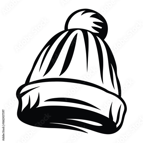 Black and white vector illustration of a winter hat with pompom