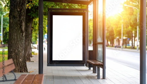 Blank Vertical Billboard Mockup at a Sunlit Bus Stop on a TreeLined Street.