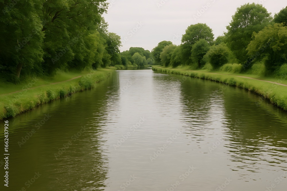 Obraz premium Tranquil riverside landscape, serene nature with water reflection