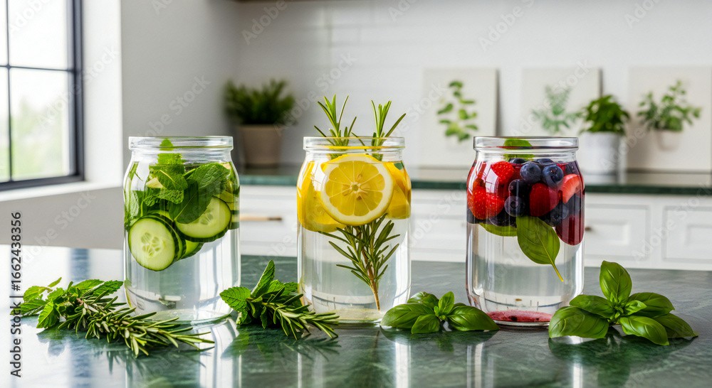 Obraz premium Eco-Friendly Infused Water Flatlay with Marble Background