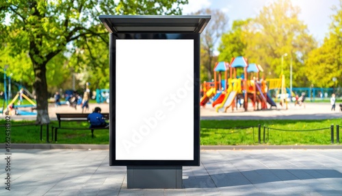 Blank Vertical Billboard Mockup in a Sunlit Park with a Colorful Playground.