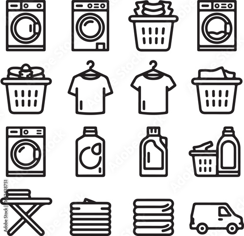 Washing machines laundry baskets shirts detergent bottles ironing board folded clothes van