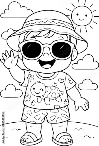 Summer kid cartoon line illustration. Child with sunhat and turtle shirt vector drawing. EPS art