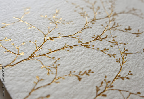 Minimalist Wedding invitation announcement. Gold botanical branches on textured white paper, elegant minimal stationery detail