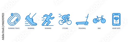 Endurance Sports Outline Blue Icons Web Banner – running track, running, running, cycling, treadmill, bike, heart rate